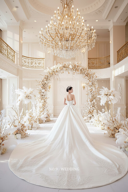 第九大道婚紗 AMAN ROYAL 台北手工婚紗出租攝影｜英國品牌奢華夢幻白色婚紗，性感桃心領華麗緞面澎裙，精緻滿版鑽亮長裙襬背面全身