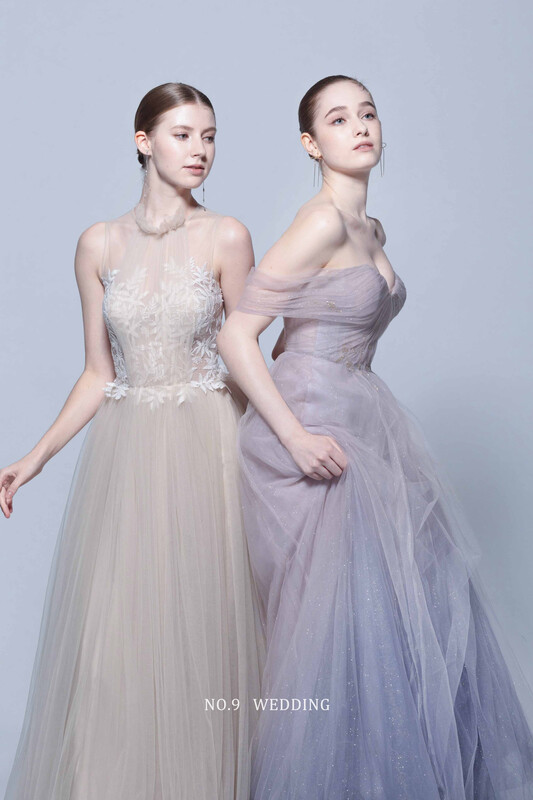 第九大道婚紗 台北 COUTURE BRIDAL ZINGANA 粉色立體花朵包領婚紗與薰衣草紫抓皺桃心領A-Line晚禮服，呈現高級訂製仙氣質感