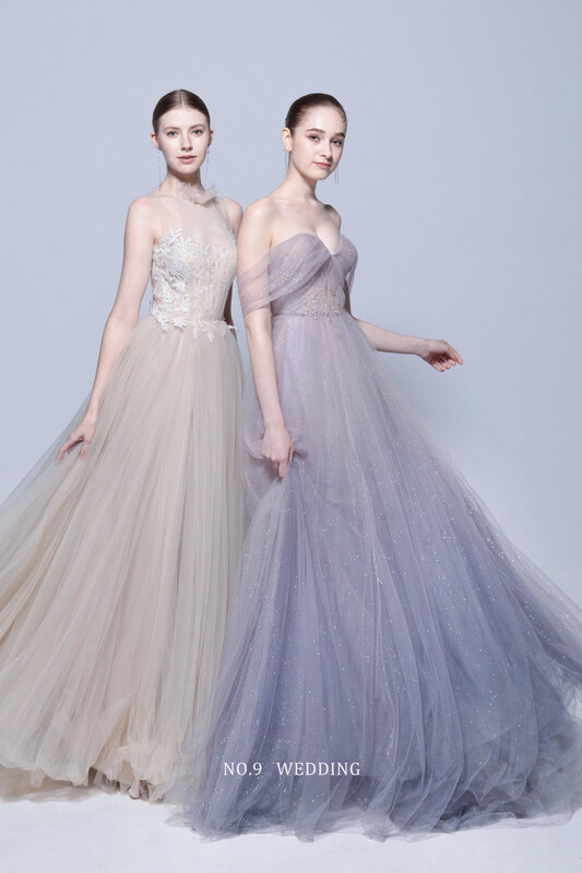 第九大道婚紗 台北 COUTURE BRIDAL ZINGANA 粉色透膚花卉包領婚紗搭配薰衣草紫細閃亮紗桃心領晚禮服，打造清新優雅雙人婚紗形象