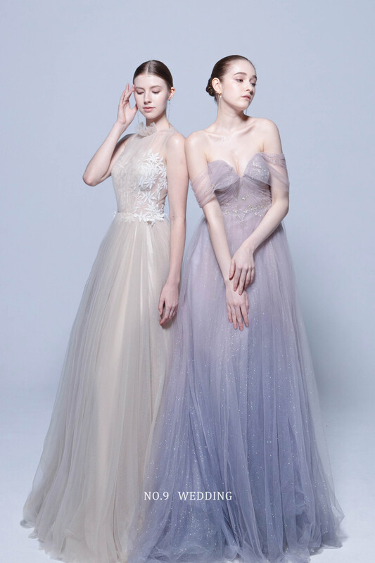 第九大道婚紗 台北 COUTURE BRIDAL ZINGANA 粉色包領花卉婚紗搭配薰衣草紫一字肩桃心領亮紗晚禮服，演繹時尚浪漫雙人禮服穿搭