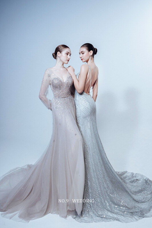 第九大道婚紗 COUTURE BRIDAL ZINGANA 雙款晚禮服，裸粉夢幻 A-Line 禮服與銀色亮片魚尾禮服展現不同風格，一款優雅浪漫、一款性感奢華，適合婚禮宴客、正式晚宴及婚紗攝影