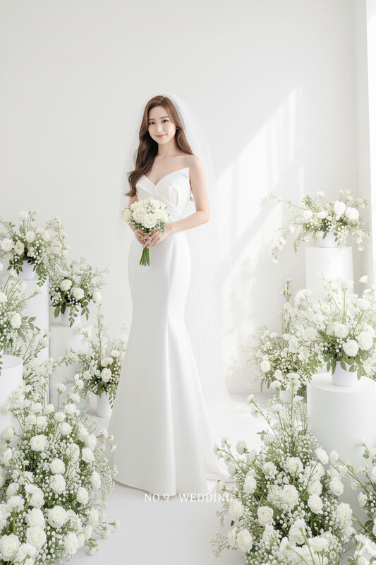 第九大道婚紗 HELENA SEOUL 台北精品禮服｜時裝雜誌風美式簡約白紗，韓式復古室內棚景輕婚紗單租推薦