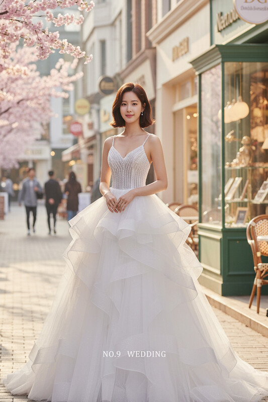 第九大道婚紗 ST. PAUL_S 台北手工婚紗｜簡約韓風細肩帶白紗，都會戶外街拍無亮面空氣感層次紗裙婚紗照