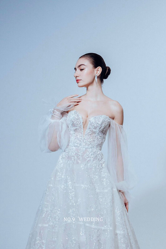 第九大道婚紗 台北 ZINGANA 白色桃心領薄紗袖A-Line婚紗，立體亮片刺繡與輕透袖型展現仙氣高級感-1